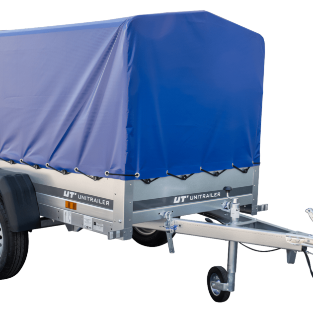 Anhänger Garden Trailer 200 KIPP 200×106 cm 750 kg [mit Hochspriegel, blauer Hochplane und Stützrad]