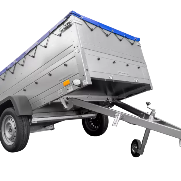 Anhänger mit faltbarer Deichsel GARDEN TRAILER 230 KIPP mit zusätzlichen Bordwänden, Stützrad und blauer Flachplane