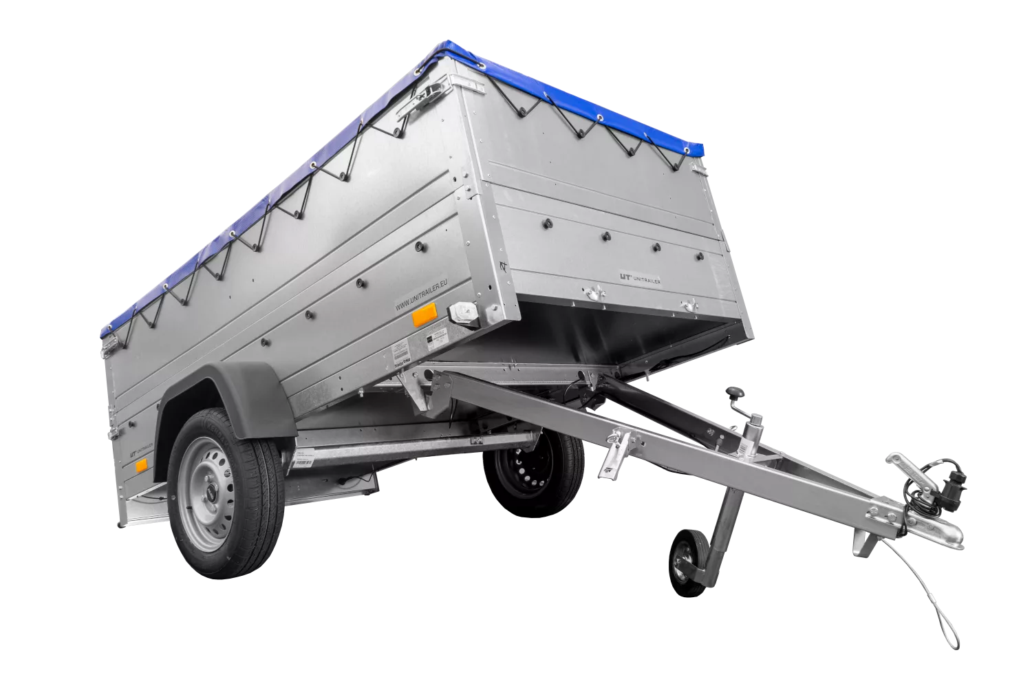 Anhänger mit faltbarer Deichsel GARDEN TRAILER 230 KIPP mit zusätzlichen Bordwänden, Stützrad und blauer Flachplane