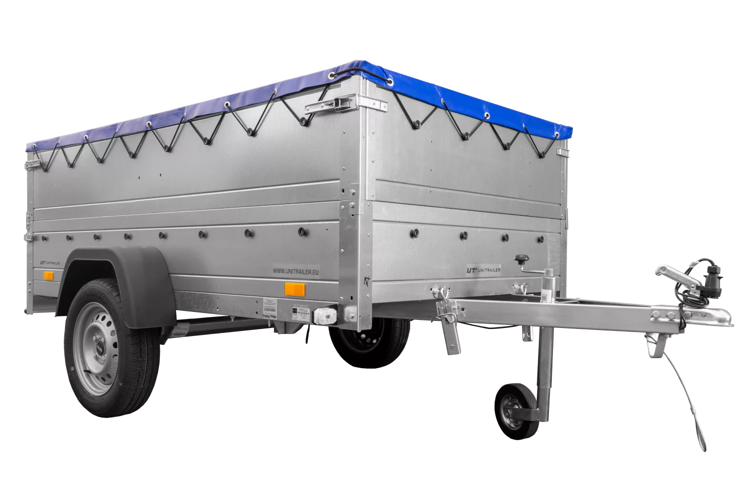 Anhänger mit faltbarer Deichsel GARDEN TRAILER 230 KIPP mit zusätzlichen Bordwänden, Stützrad und blauer Flachplane – Bild 4