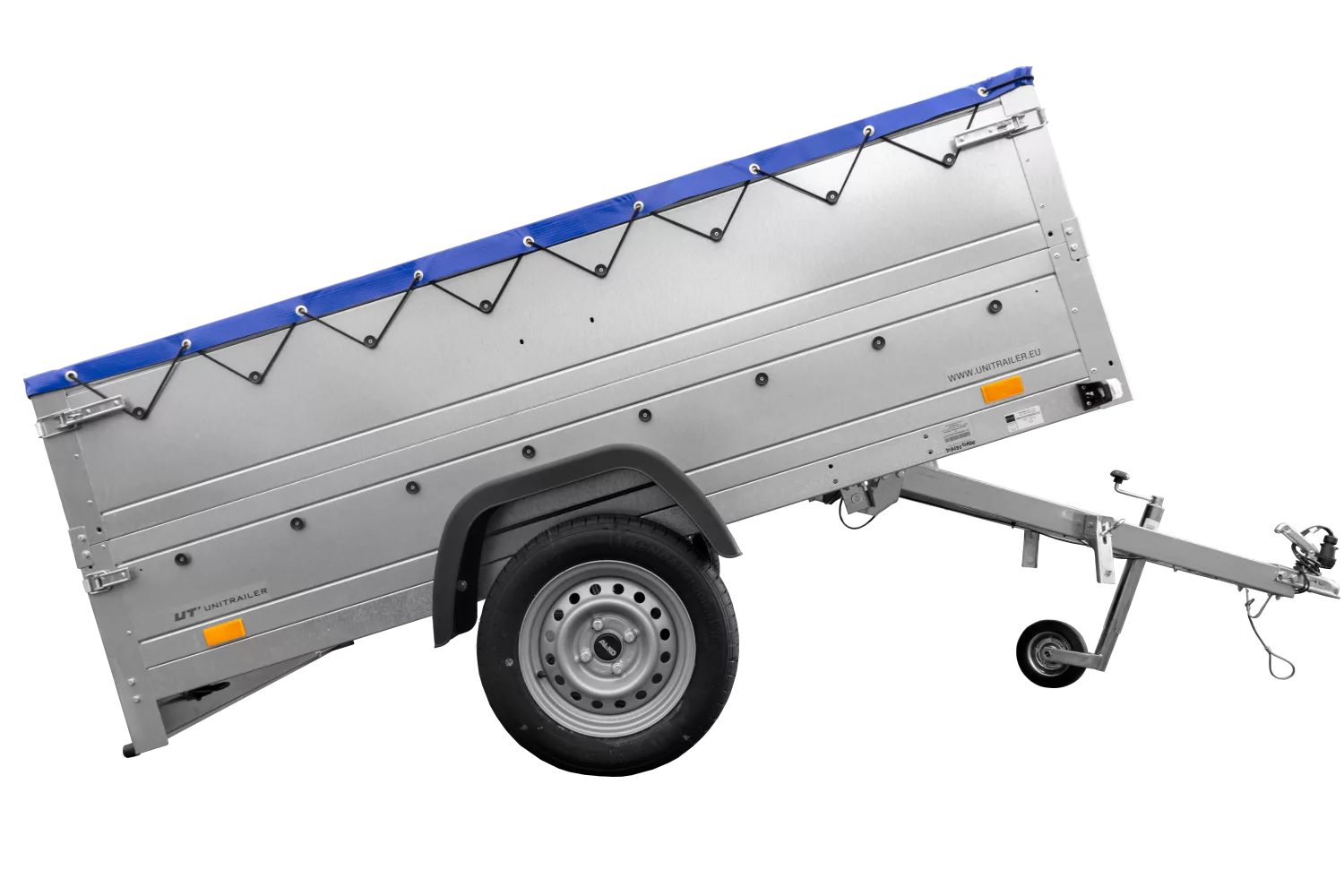Anhänger mit faltbarer Deichsel GARDEN TRAILER 230 KIPP mit zusätzlichen Bordwänden, Stützrad und blauer Flachplane – Bild 6