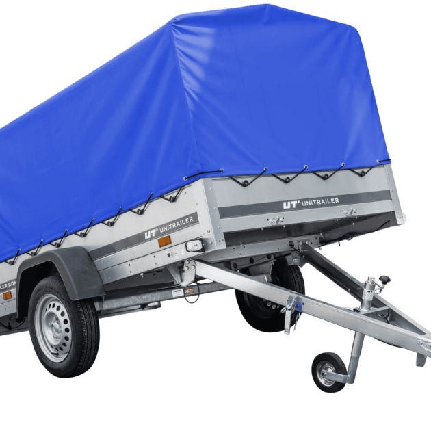 Auto Anhänger 230×125 Garden Trailer 230 KIPP Unitrailer 750 kg mit Stützrad, blauer Hochplane und Hochspriegel