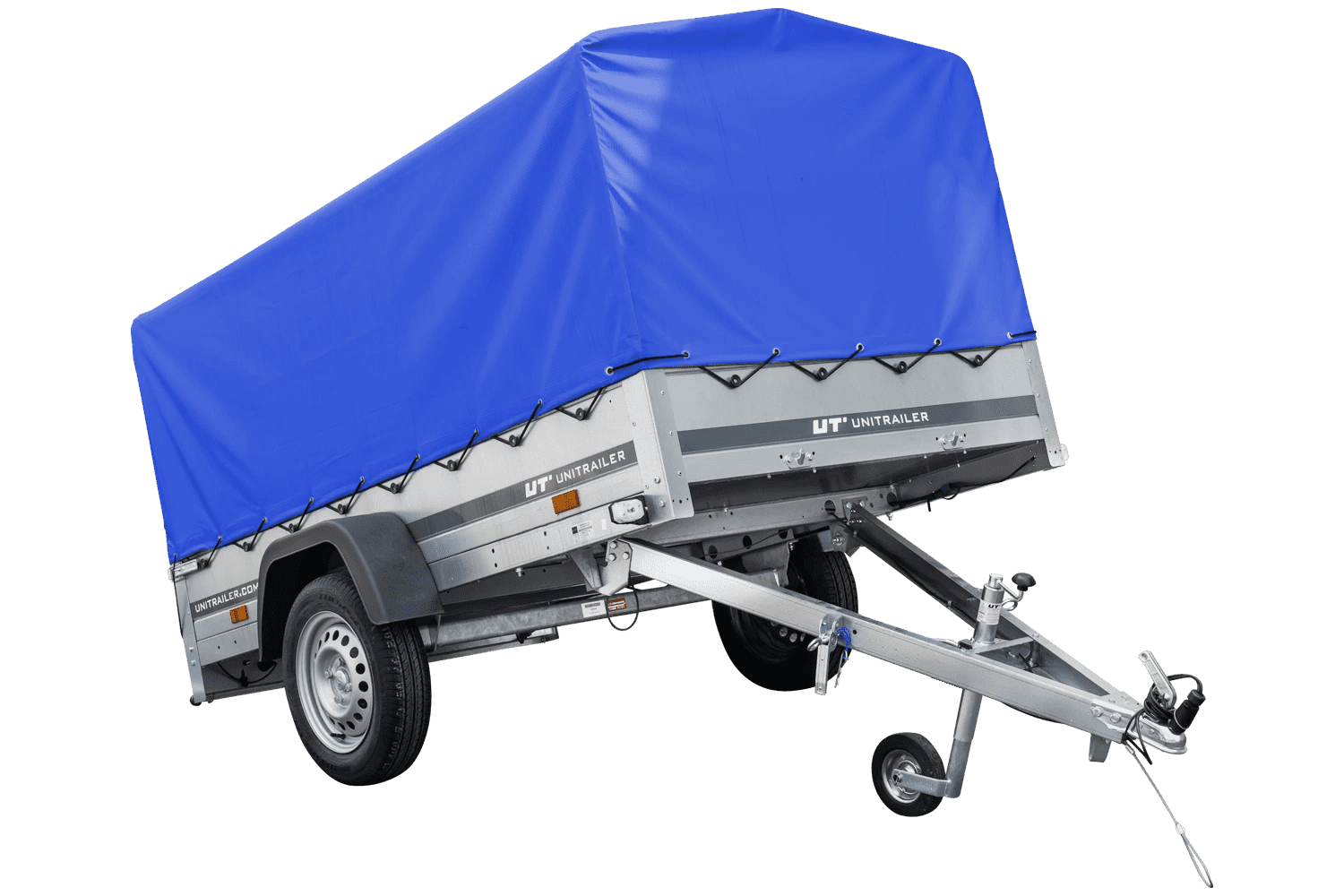 Auto Anhänger 230×125 Garden Trailer 230 KIPP Unitrailer 750 kg mit Stützrad, blauer Hochplane und Hochspriegel