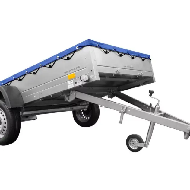 EINACHS-TIEFLADER GARDEN TRAILER 264 KIPP MIT STÜTZRAD, QUERSTREBEN UND BLAUER FLACHPLANE