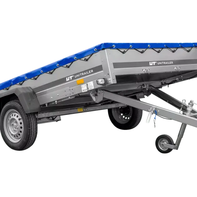 Einachsanhänger 264×150 UNITRAILER GARDEN 265 KIPP mit einem Flachplanenträger und blauer Plane