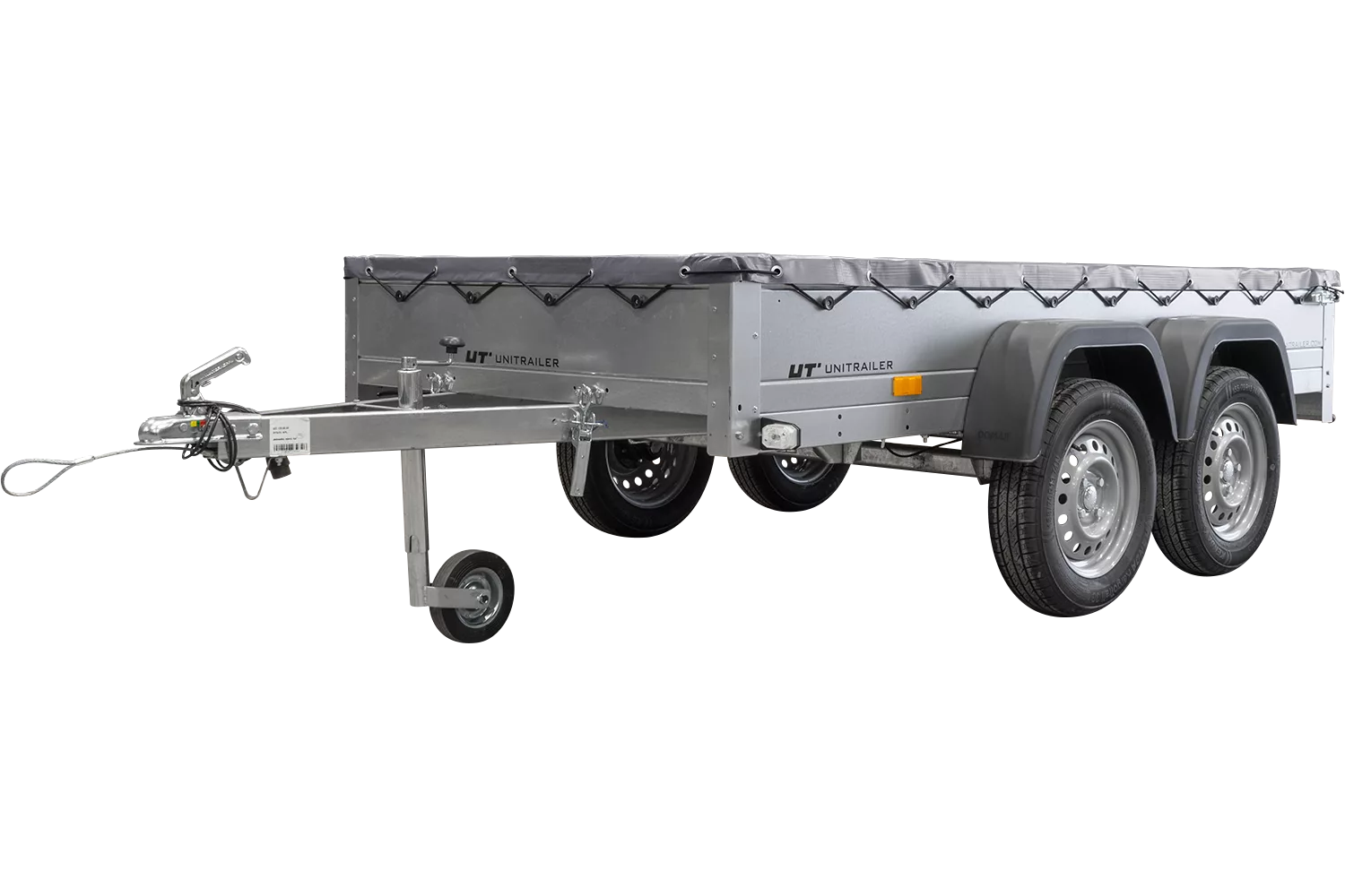 GARDEN TRAILER 264/2 KIPP MIT STÜTZRAD, GRAUE FLACHPLANE UND PLANENTRÄGER