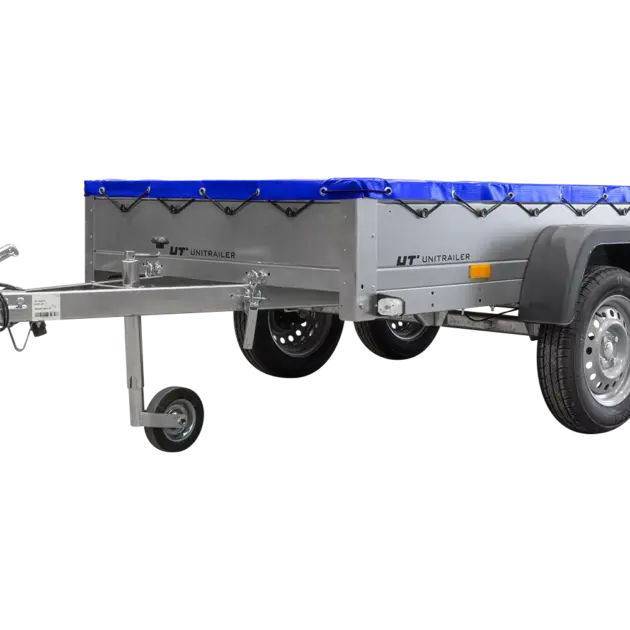 GARDEN TRAILER 264/2 KIPP MIT STÜTZRAD, PLANENTRÄGER UND BLAUER FLACHPLANE