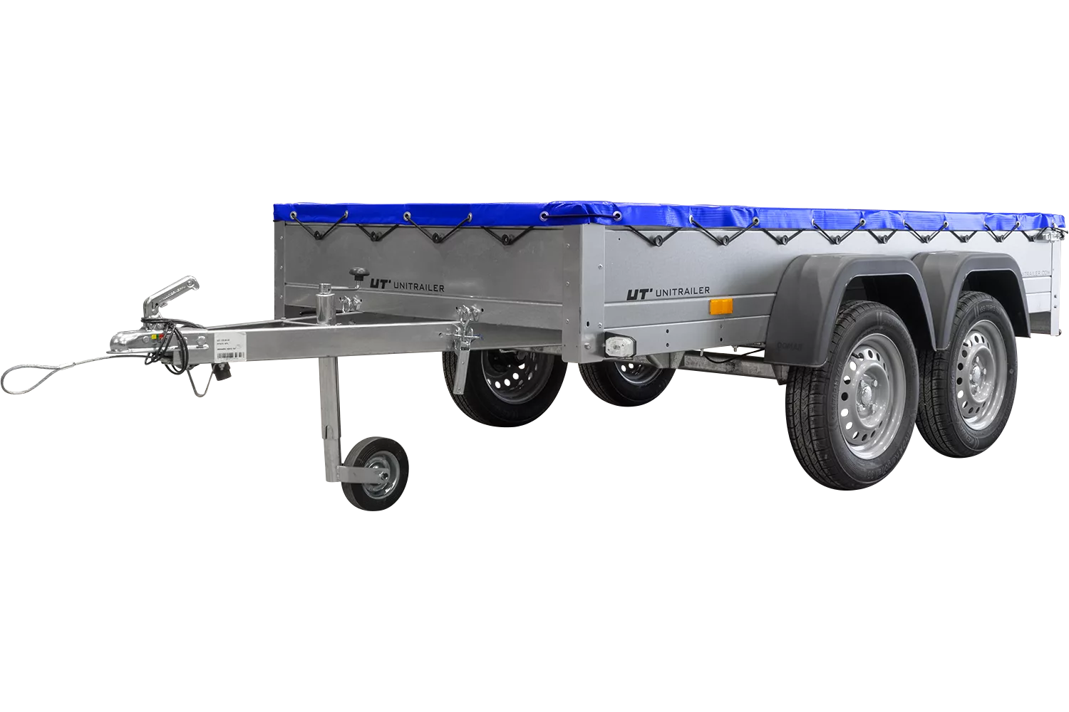 GARDEN TRAILER 264/2 KIPP MIT STÜTZRAD, PLANENTRÄGER UND BLAUER FLACHPLANE