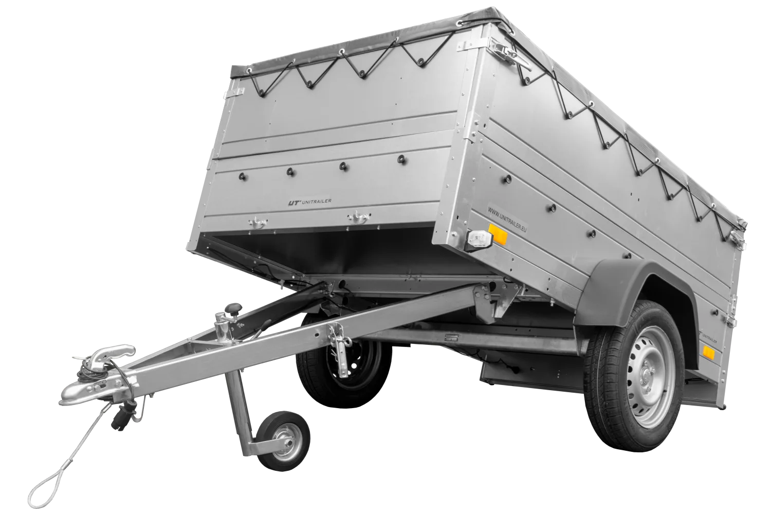 Pkw Anhänger kippbar 750 kg GARDEN TRAILER 201 KIPP mit zusätzlichen Bordwänden, Stützrad und grauer Flachplane
